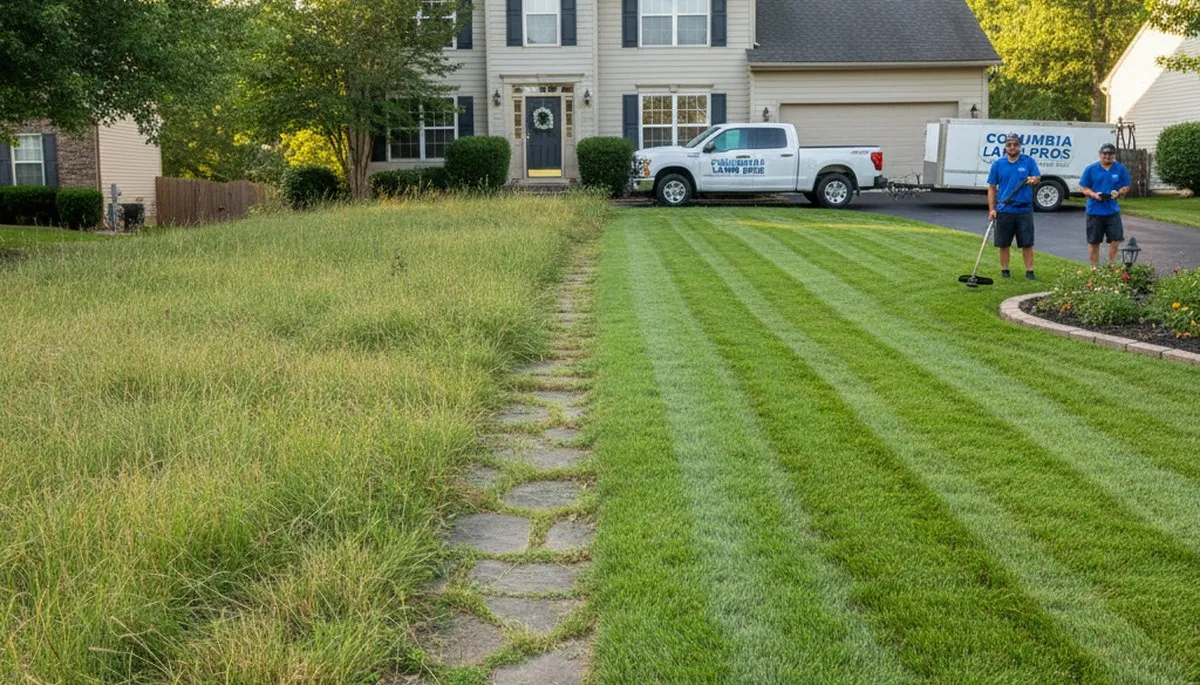 Before and after professional lawn mowing showing lush, trimmed yard in Columbia, MO by Chop Chop Landscaping