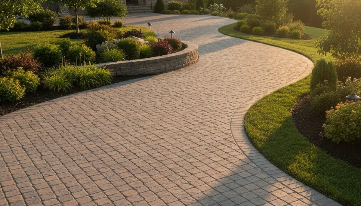 Curved paver driveway design by professional landscapers in Columbia, MO showcasing expert craftsmanship