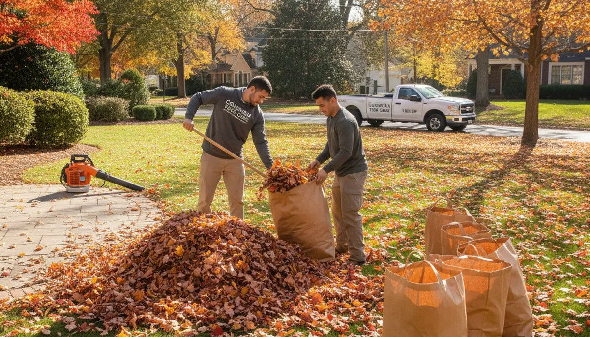 Professional landscapers performing fall leaf removal and yard clean up in Columbia, MO